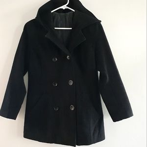 Black hooded double breasted pea coat